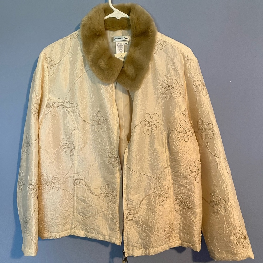 Cold water Creek Embroidered Fur Trim Crinkle Coat PXL NWT
